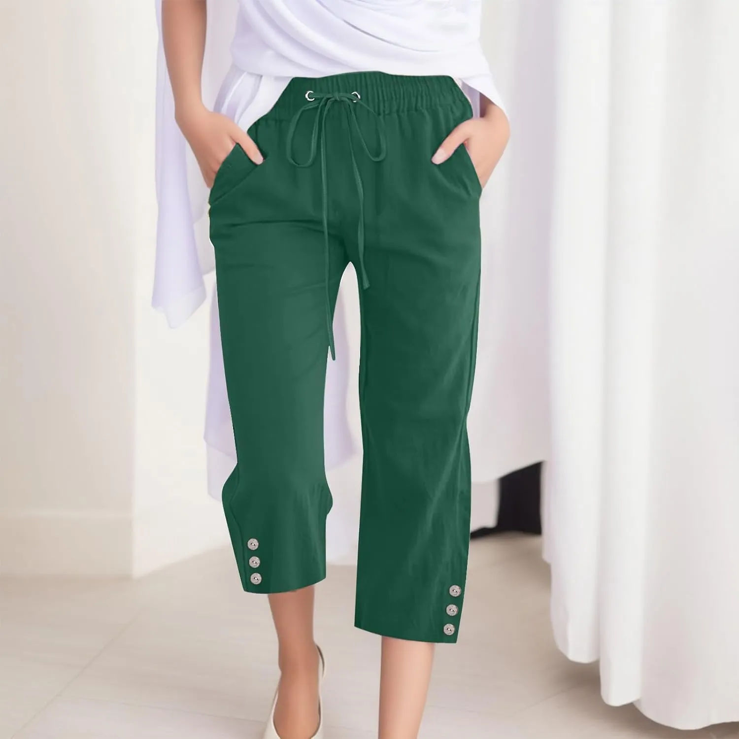 FZVYD Capri Pants for Women Casual 2024 Summer Drawstring Elastic High Waist Linen Pant Straight Wide Leg Cropped Trouser