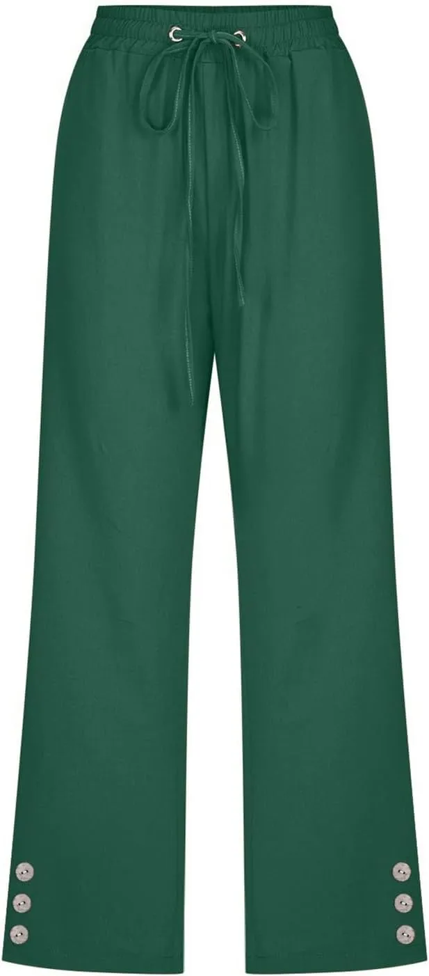 FZVYD Capri Pants for Women Casual 2024 Summer Drawstring Elastic High Waist Linen Pant Straight Wide Leg Cropped Trouser