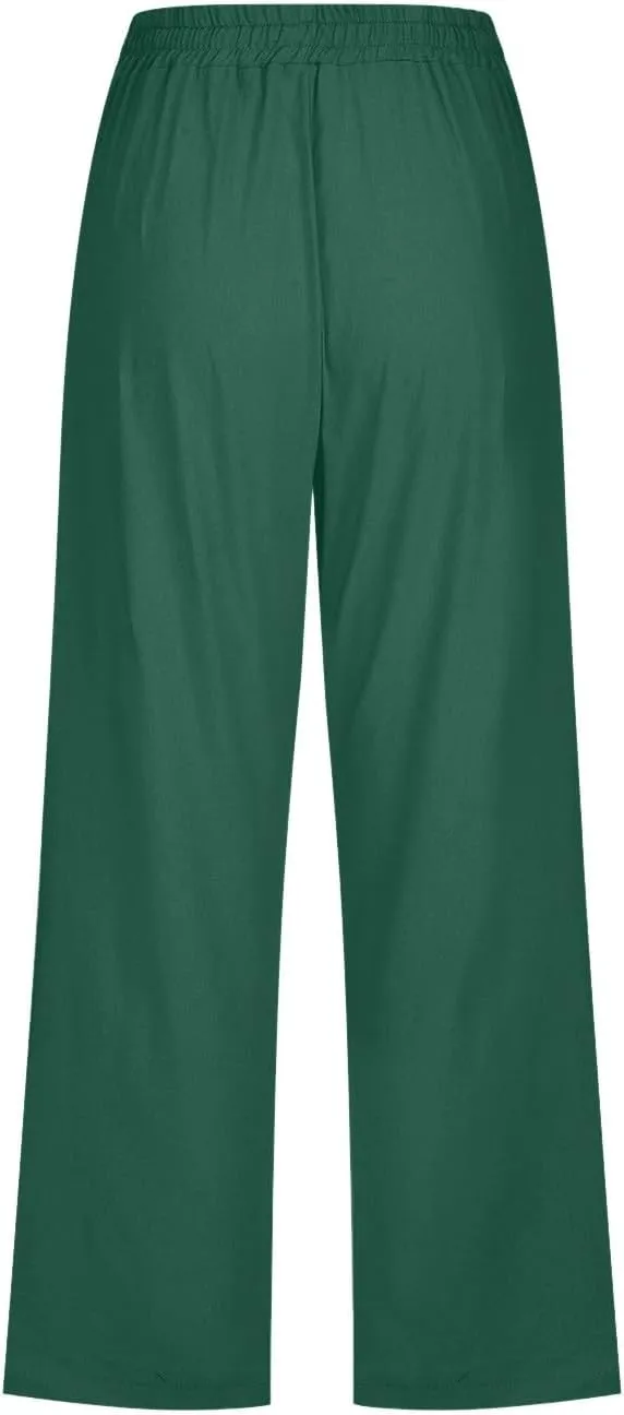 FZVYD Capri Pants for Women Casual 2024 Summer Drawstring Elastic High Waist Linen Pant Straight Wide Leg Cropped Trouser