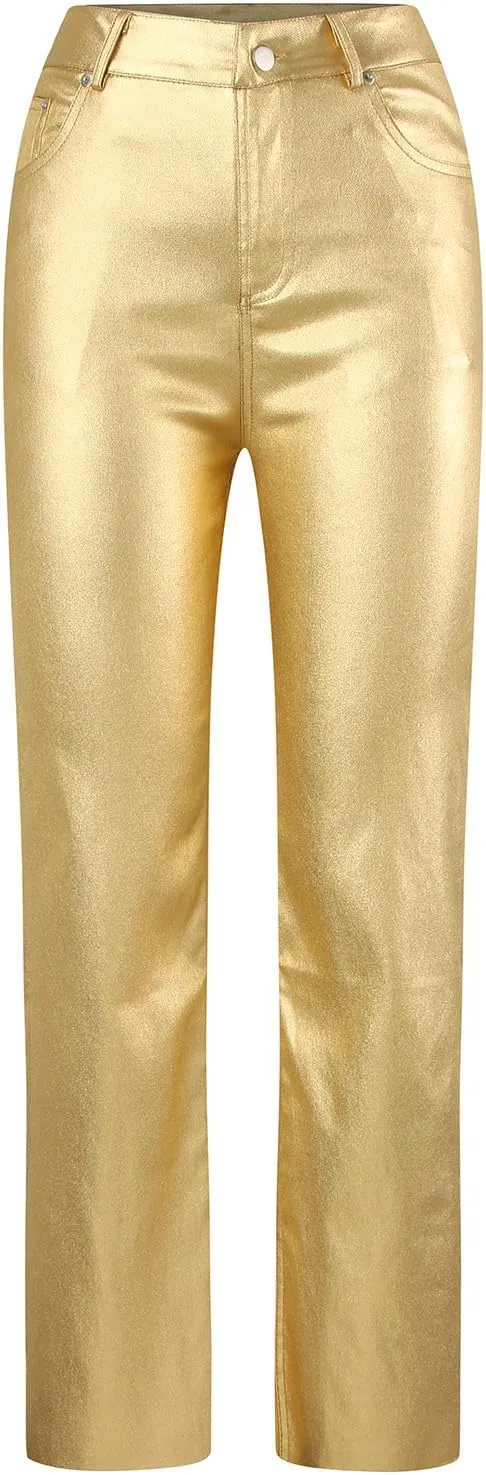 FZVYD Women's Shiny Metallic Straight Leg Faux Leather Pants High Waist Satin Cargo Pants 2024 Y2K Punk Trousers with Pockets