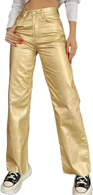 FZVYD Women's Shiny Metallic Straight Leg Faux Leather Pants High Waist Satin Cargo Pants 2024 Y2K Punk Trousers with Pockets