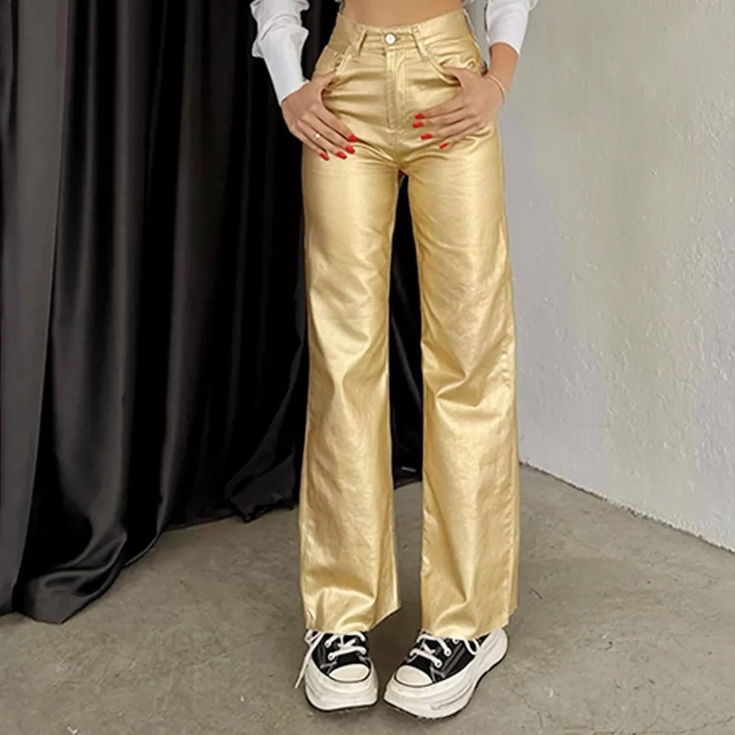 FZVYD Women's Shiny Metallic Straight Leg Faux Leather Pants High Waist Satin Cargo Pants 2024 Y2K Punk Trousers with Pockets