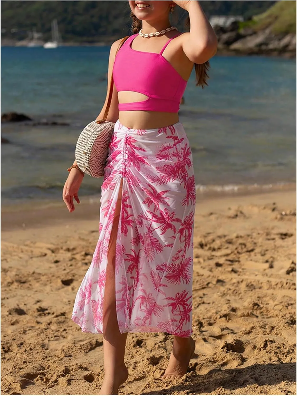Girl's 3 Piece Bikini Set Tropical Swimsuit Split Beach Skirt Quick Dry Swimwear Cover-Up Sets