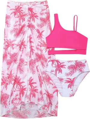 Girl's 3 Piece Bikini Set Tropical Swimsuit Split Beach Skirt Quick Dry Swimwear Cover-Up Sets
