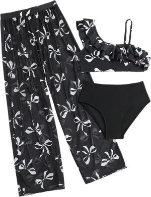 Girl's 3 Piece Bikini Set Tropical Swimsuit Split Beach Skirt Quick Dry Swimwear Cover-Up Sets