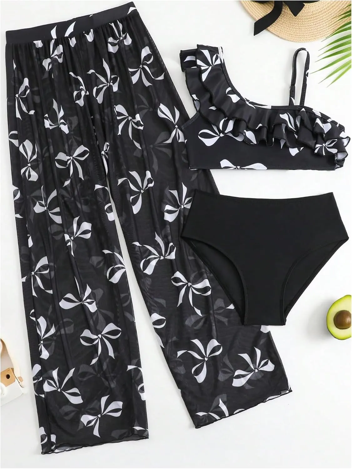 Girl's 3 Piece Bikini Set Tropical Swimsuit Split Beach Skirt Quick Dry Swimwear Cover-Up Sets