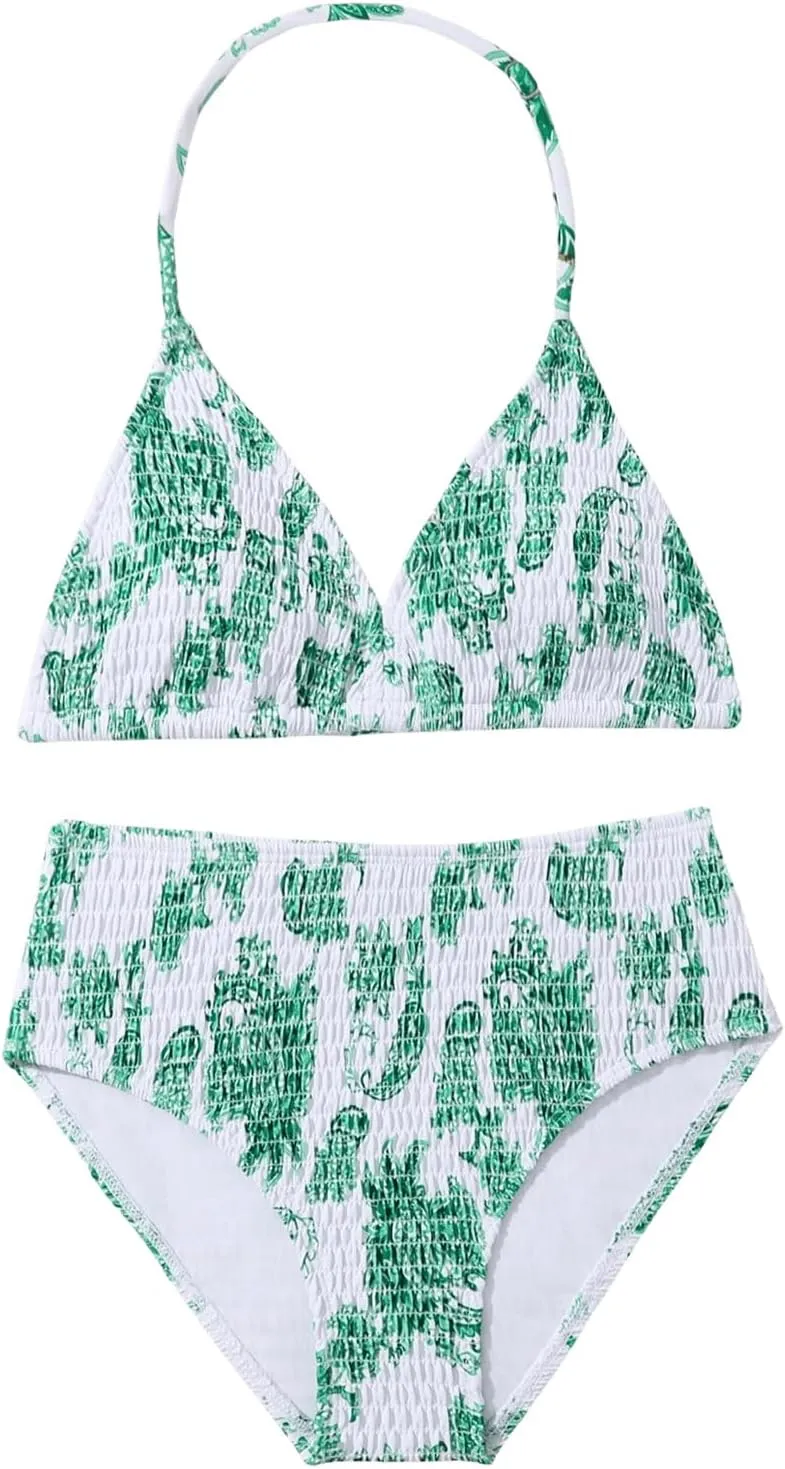 Girl's Tie Dye Smocked 2 Piece Swimwear Sets Backless Halter Bikini Cute Brief Bathing Suit