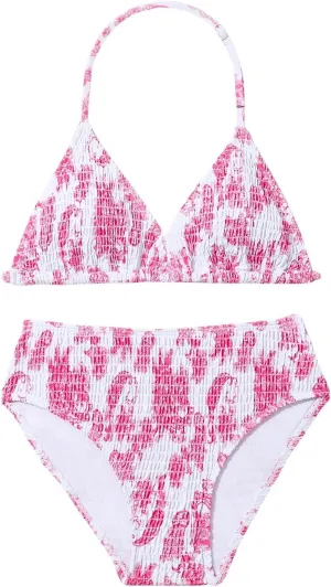 Girl's Tie Dye Smocked 2 Piece Swimwear Sets Backless Halter Bikini Cute Brief Bathing Suit