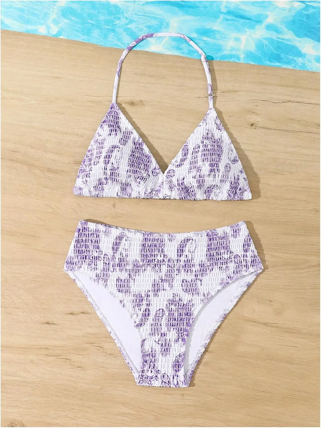 Girl's Tie Dye Smocked 2 Piece Swimwear Sets Backless Halter Bikini Cute Brief Bathing Suit