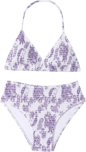 Girl's Tie Dye Smocked 2 Piece Swimwear Sets Backless Halter Bikini Cute Brief Bathing Suit