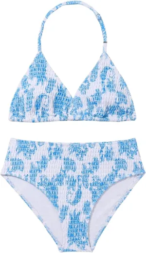 Girl's Tie Dye Smocked 2 Piece Swimwear Sets Backless Halter Bikini Cute Brief Bathing Suit