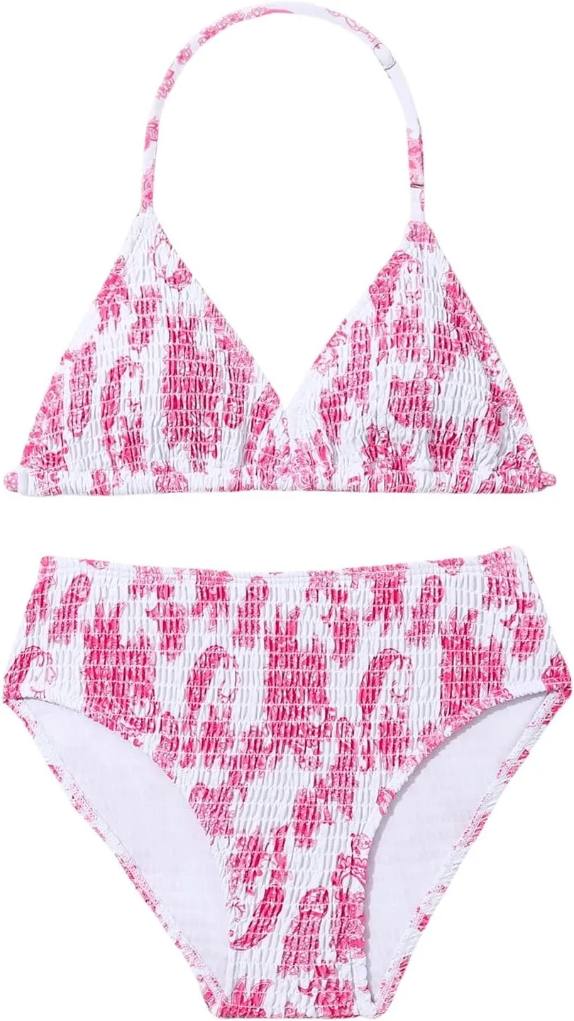 Girl's Tie Dye Smocked 2 Piece Swimwear Sets Backless Halter Bikini Cute Brief Bathing Suit
