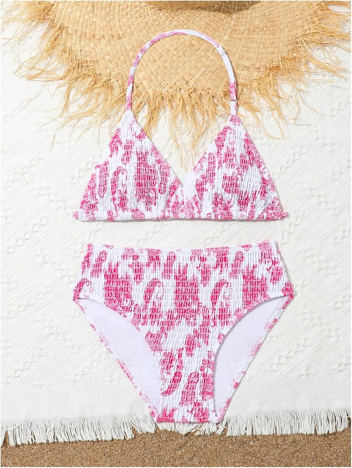 Girl's Tie Dye Smocked 2 Piece Swimwear Sets Backless Halter Bikini Cute Brief Bathing Suit