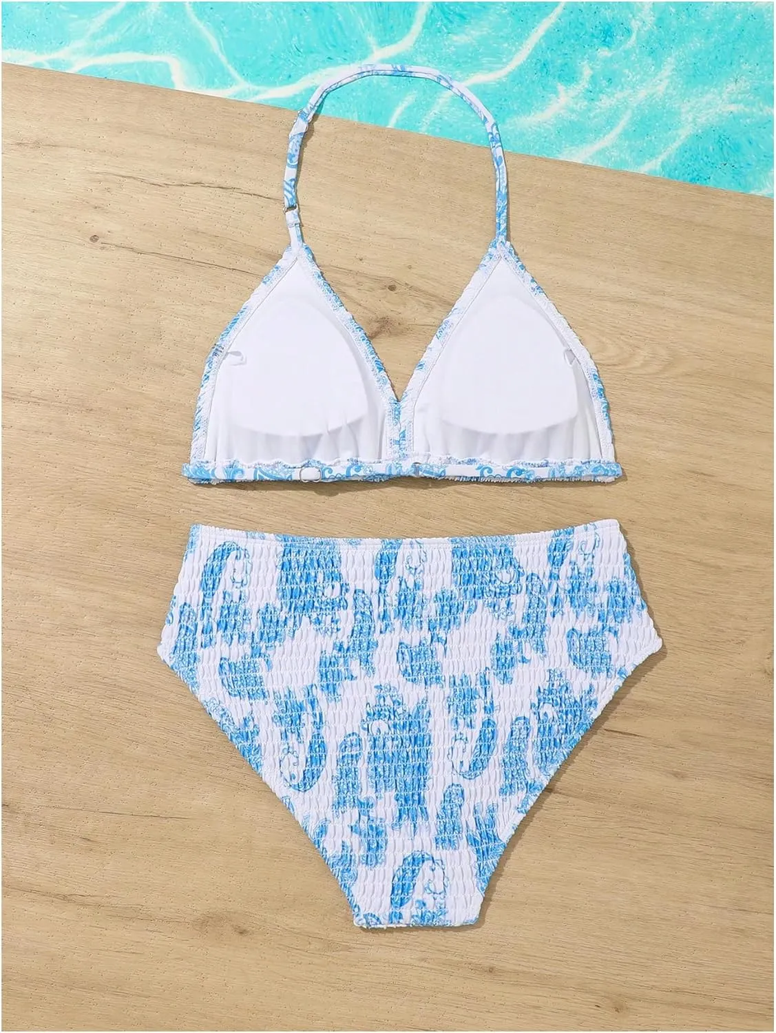Girl's Tie Dye Smocked 2 Piece Swimwear Sets Backless Halter Bikini Cute Brief Bathing Suit