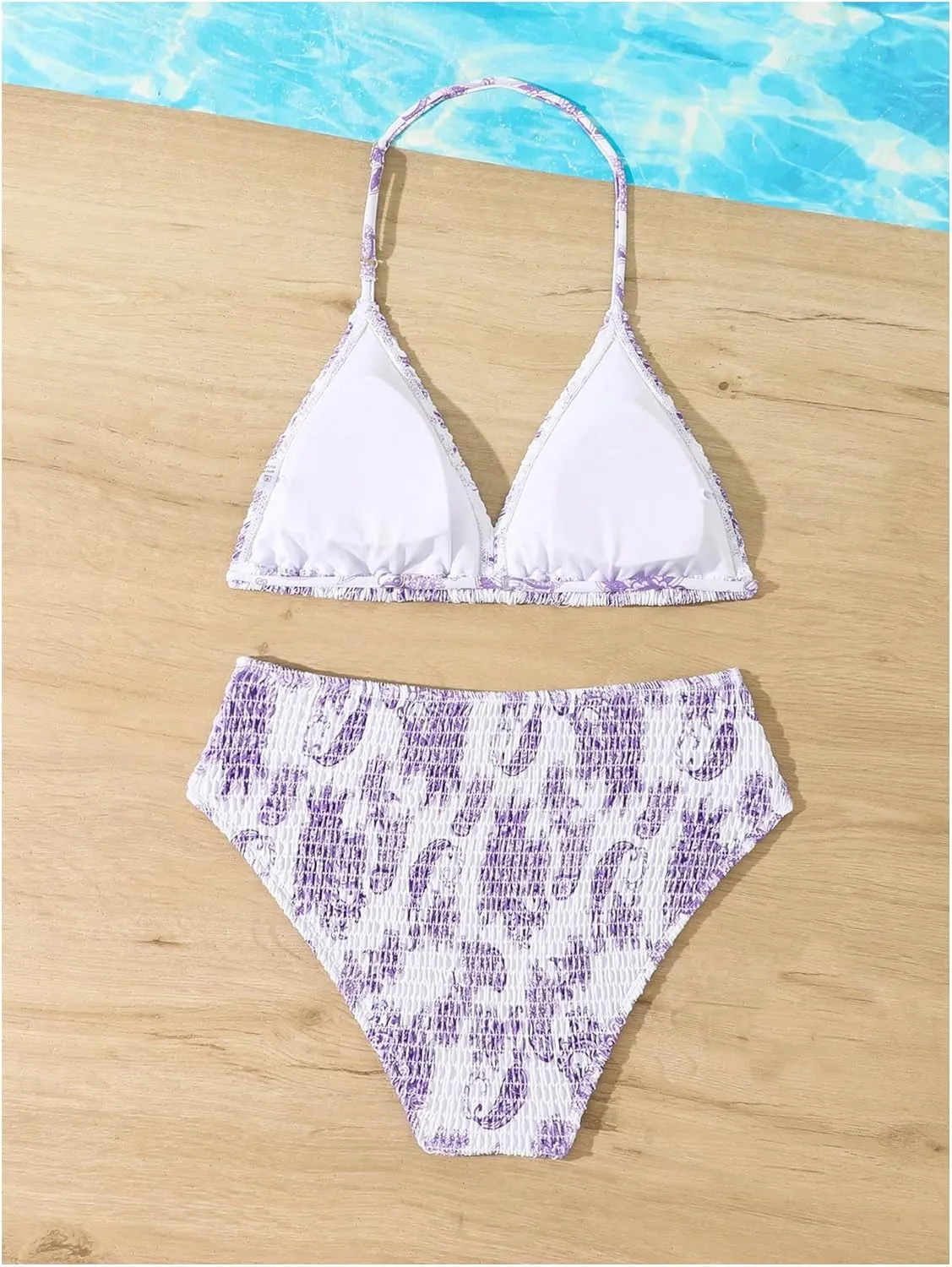 Girl's Tie Dye Smocked 2 Piece Swimwear Sets Backless Halter Bikini Cute Brief Bathing Suit