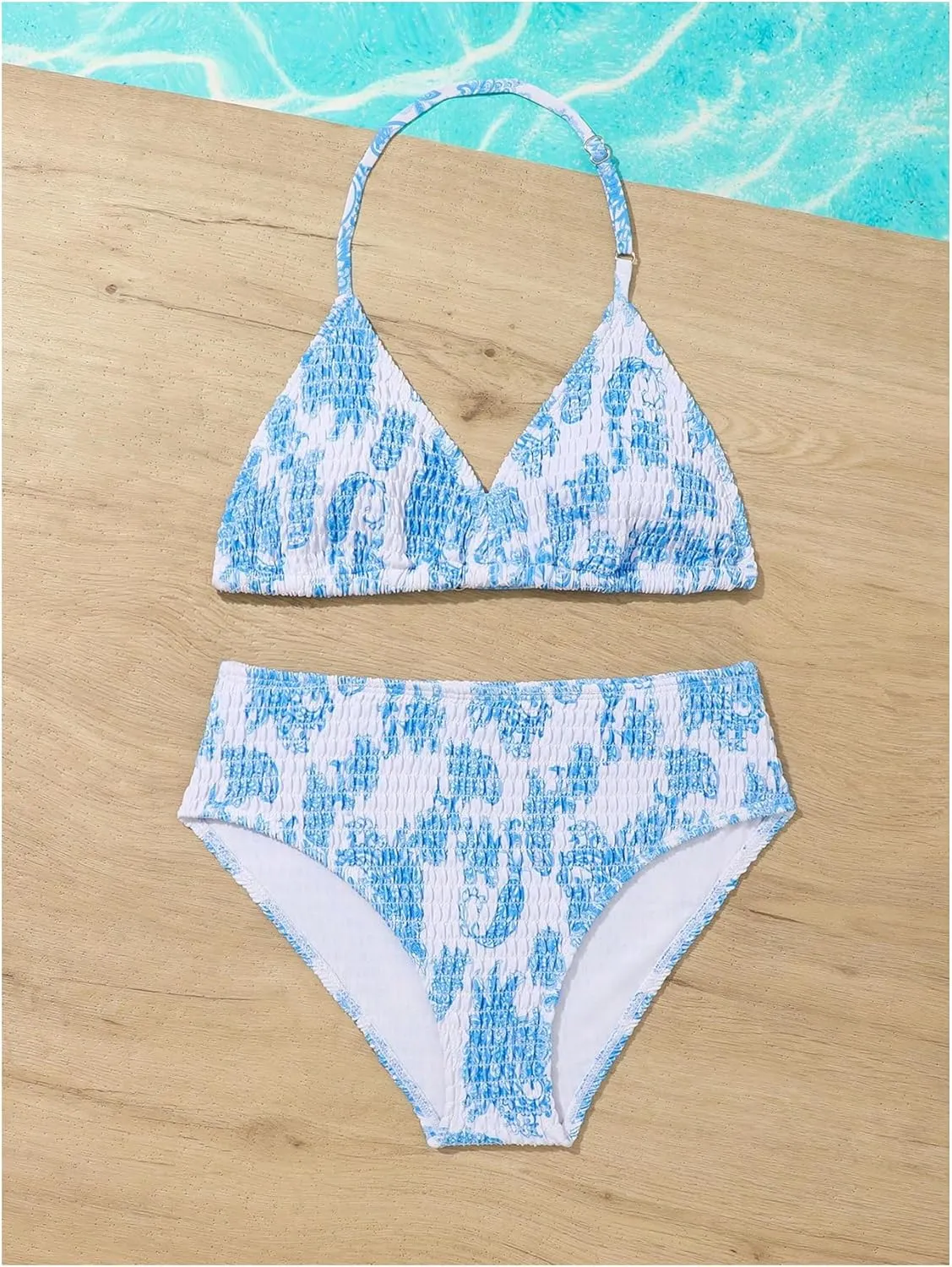 Girl's Tie Dye Smocked 2 Piece Swimwear Sets Backless Halter Bikini Cute Brief Bathing Suit