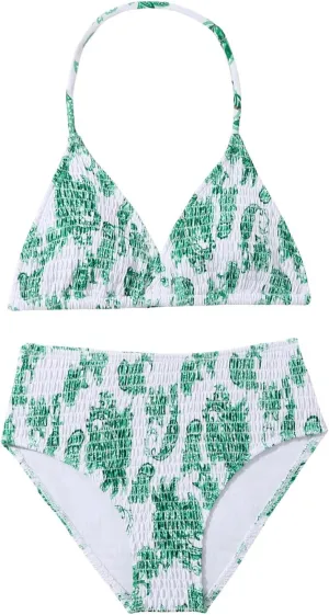 Girl's Tie Dye Smocked 2 Piece Swimwear Sets Backless Halter Bikini Cute Brief Bathing Suit