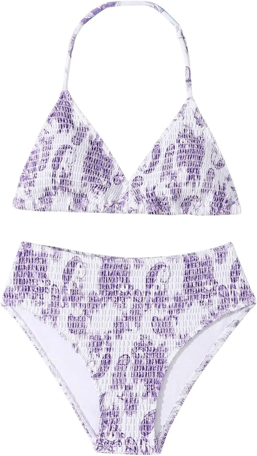 Girl's Tie Dye Smocked 2 Piece Swimwear Sets Backless Halter Bikini Cute Brief Bathing Suit