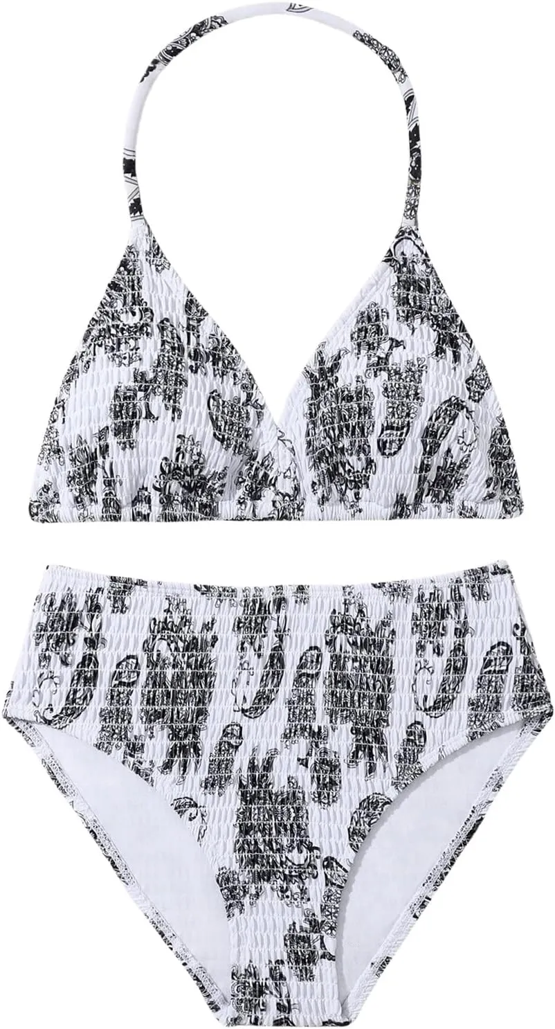 Girl's Tie Dye Smocked 2 Piece Swimwear Sets Backless Halter Bikini Cute Brief Bathing Suit