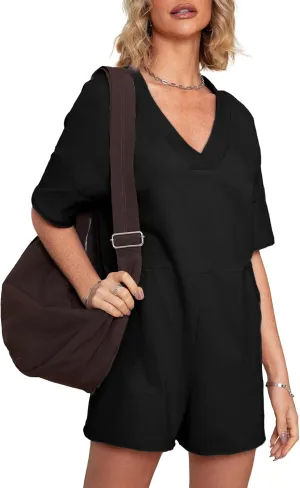 Glamaker Women's Oversized Casual Rompers Summer Outfits Workout Tee Rompers V Neck Loose Short Sleeve Jumpsuit With Pocket