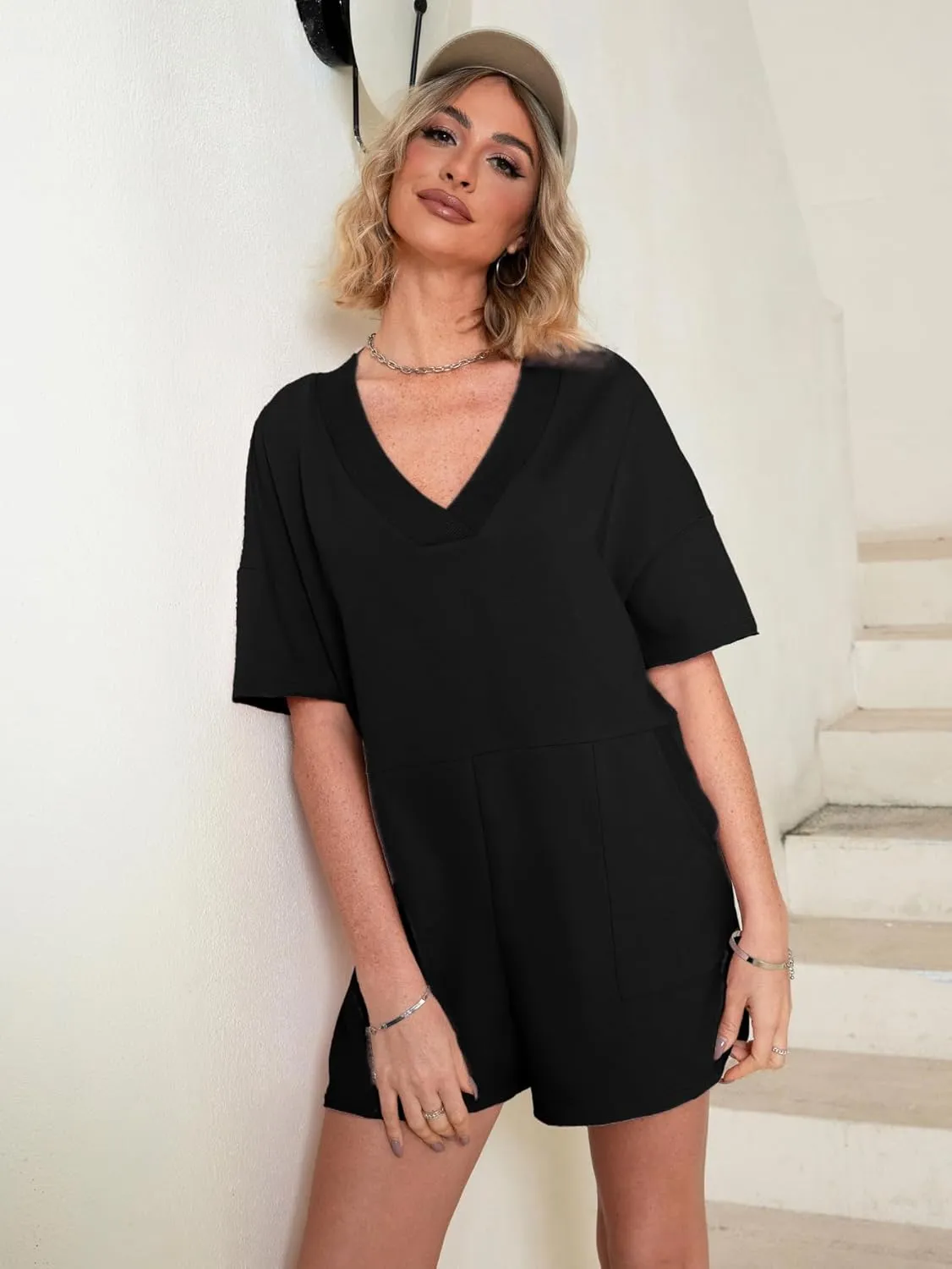 Glamaker Women's Oversized Casual Rompers Summer Outfits Workout Tee Rompers V Neck Loose Short Sleeve Jumpsuit With Pocket