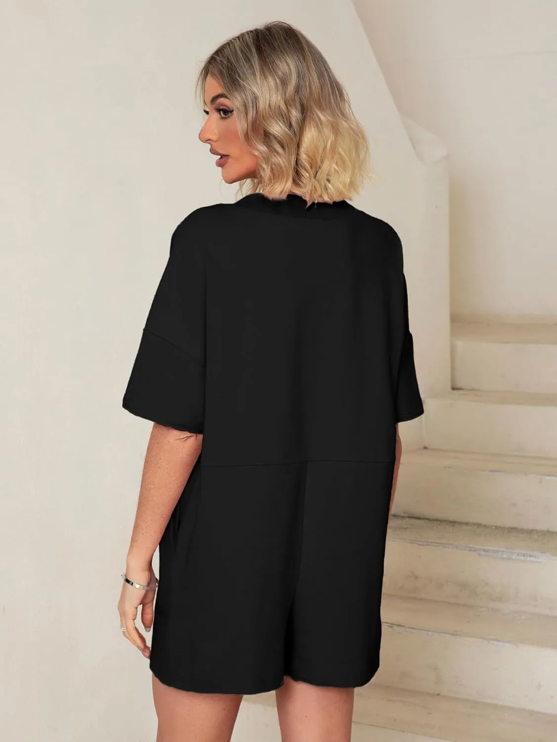 Glamaker Women's Oversized Casual Rompers Summer Outfits Workout Tee Rompers V Neck Loose Short Sleeve Jumpsuit With Pocket