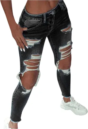 GOKKILRW Womens Juniors High Waisted Stretch Ripped Skinny Jeans Comfy Slim Fit Destroyed Butt Lifting Denim Pencil Pants