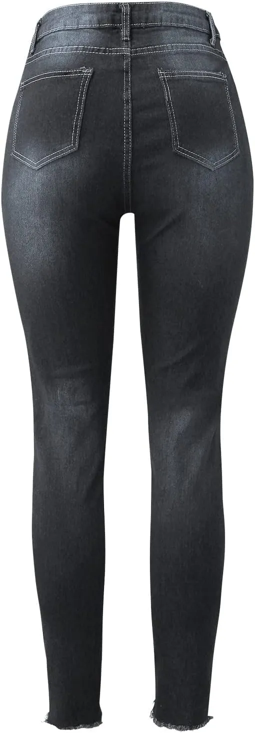 GOKKILRW Womens Juniors High Waisted Stretch Ripped Skinny Jeans Comfy Slim Fit Destroyed Butt Lifting Denim Pencil Pants