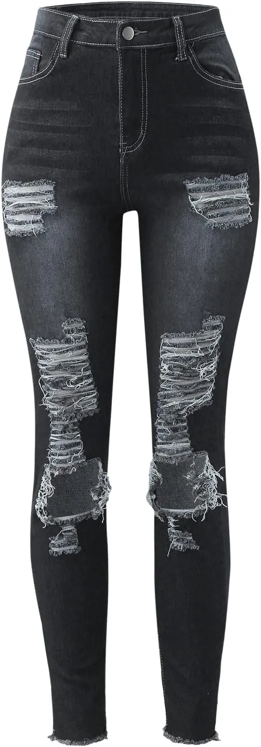 GOKKILRW Womens Juniors High Waisted Stretch Ripped Skinny Jeans Comfy Slim Fit Destroyed Butt Lifting Denim Pencil Pants