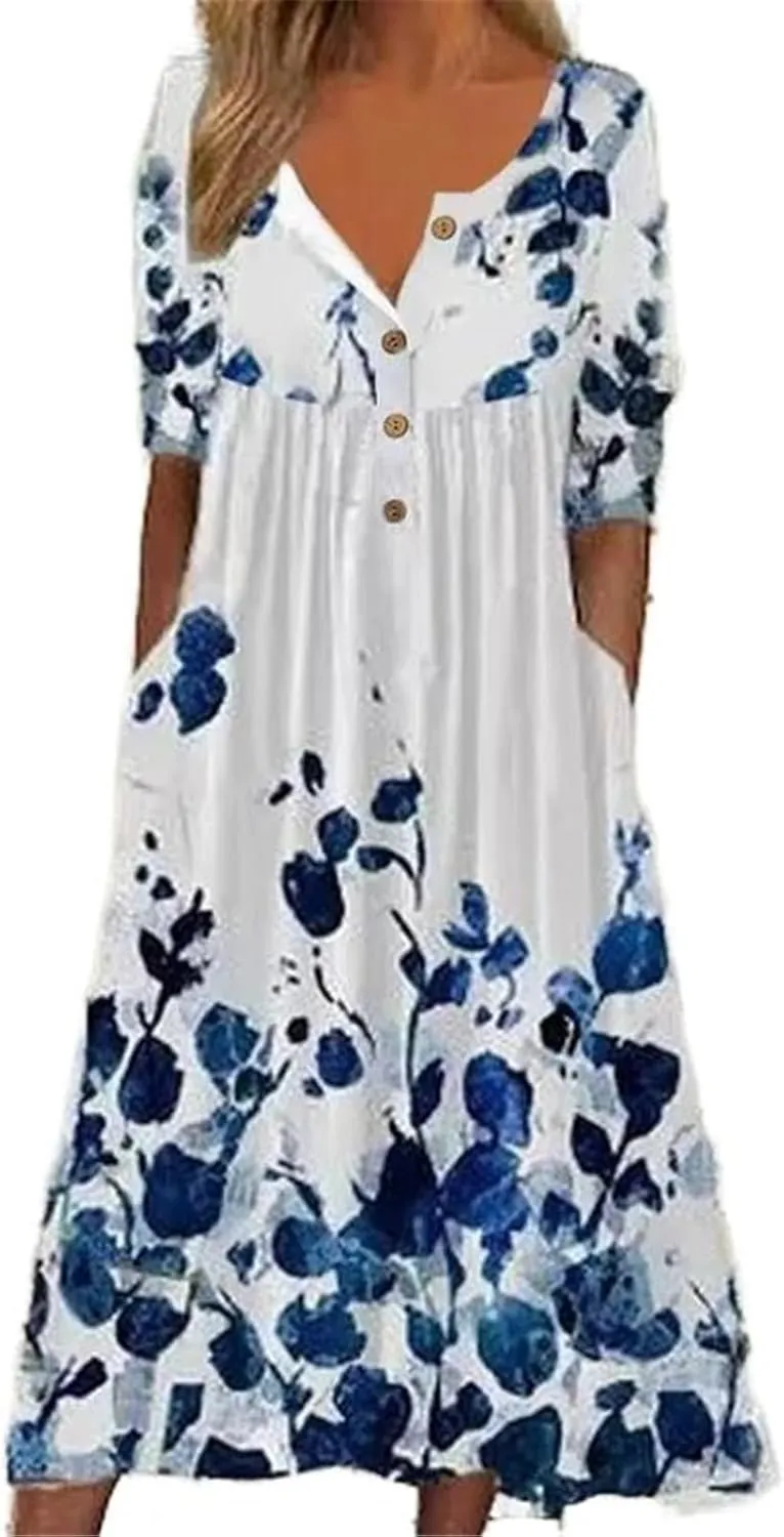 GUOYUXIAO Women's V-Neck Dress Button Pocket Short Sleeves A-Line Skirt