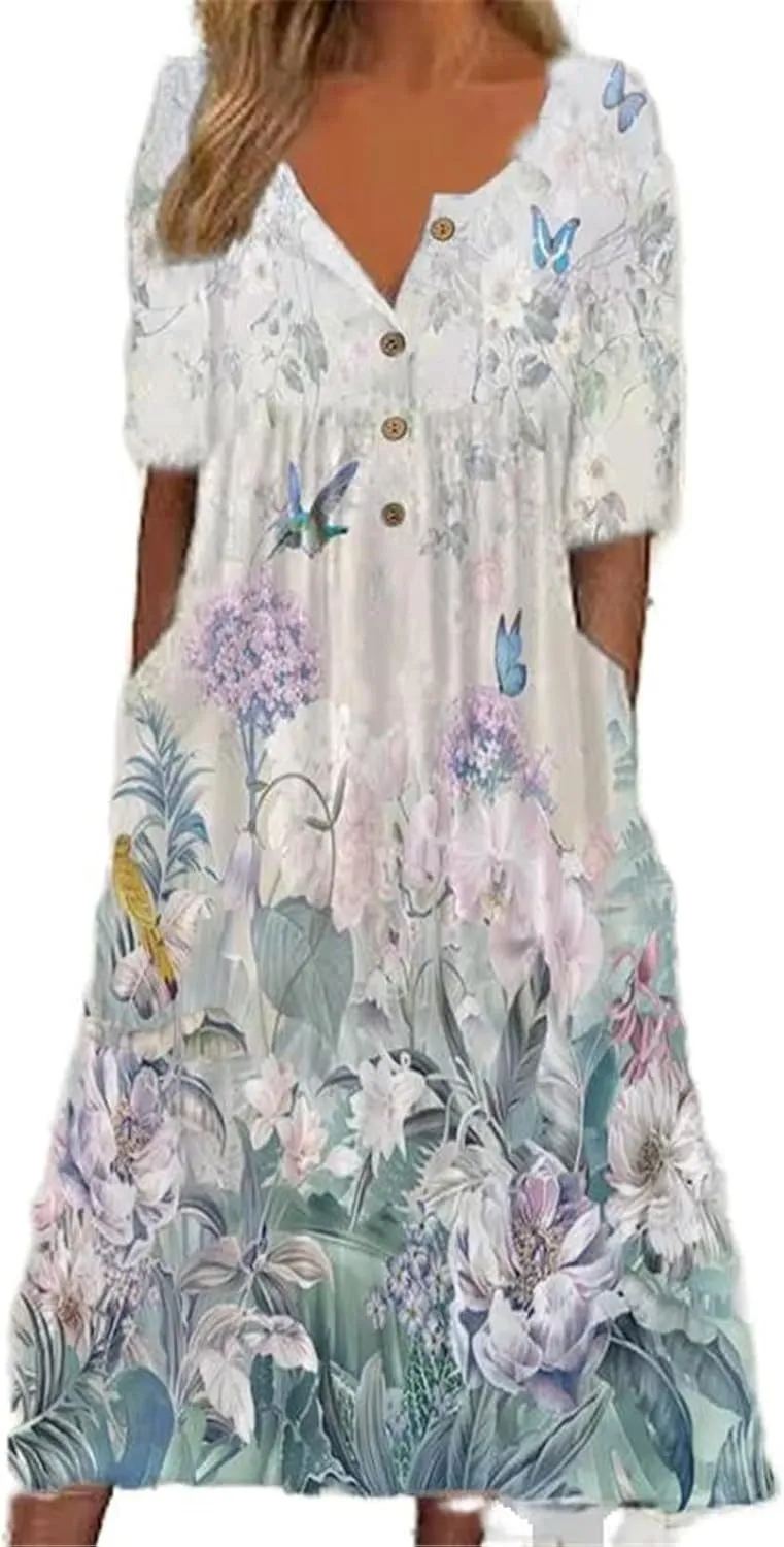 GUOYUXIAO Women's V-Neck Dress Button Pocket Short Sleeves A-Line Skirt