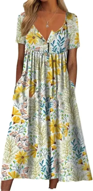 GUOYUXIAO Women's V-Neck Dress Button Pocket Short Sleeves A-Line Skirt