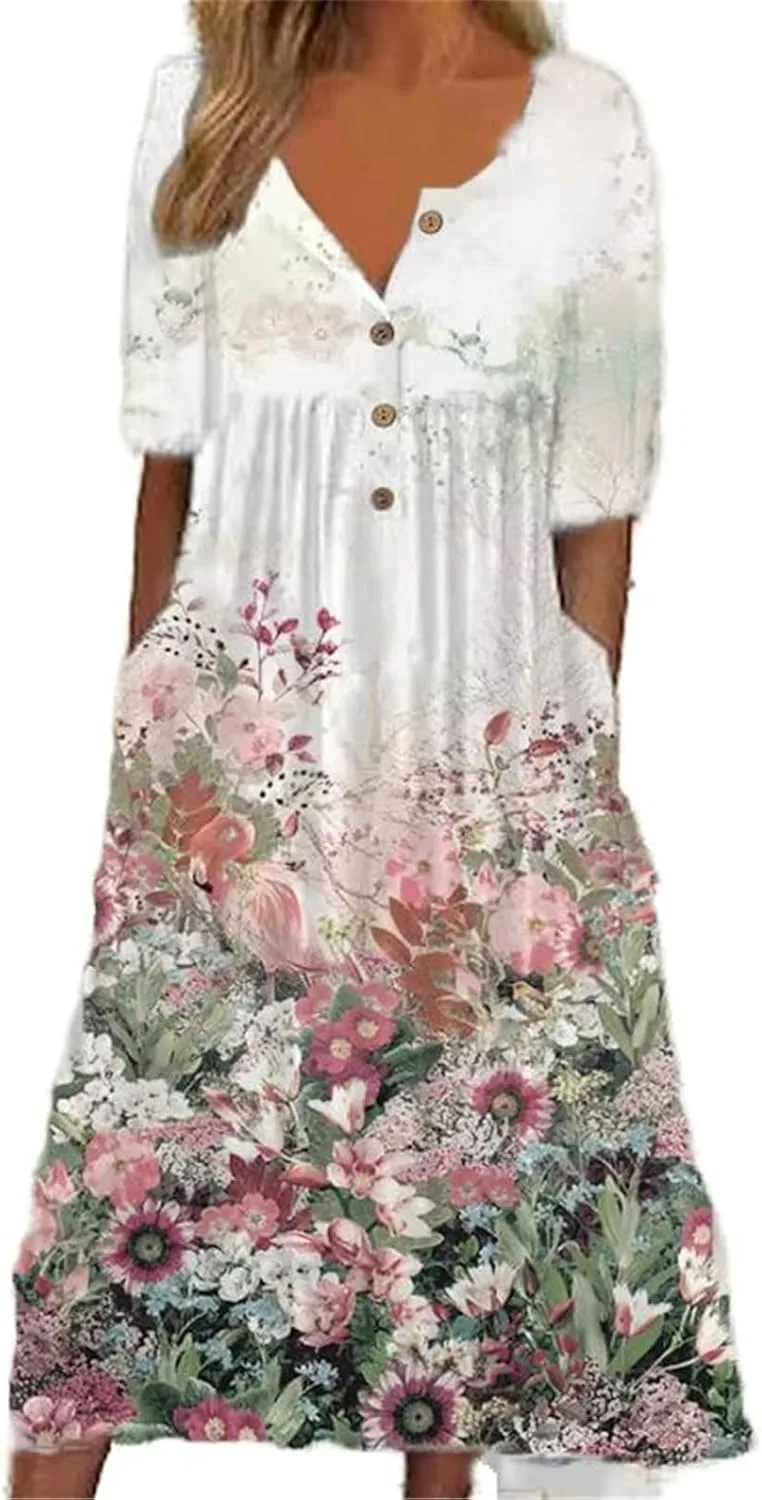 GUOYUXIAO Women's V-Neck Dress Button Pocket Short Sleeves A-Line Skirt