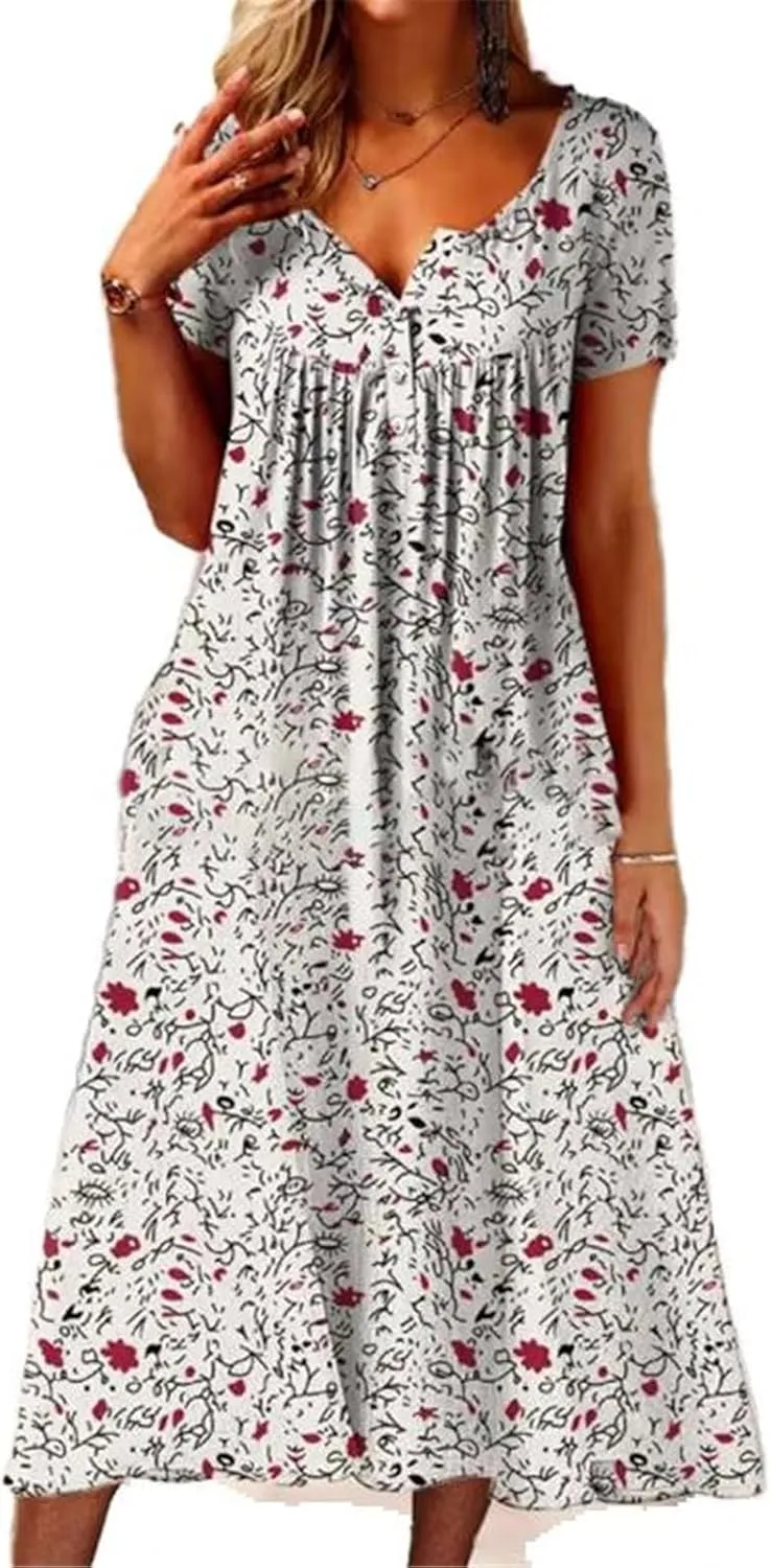 GUOYUXIAO Women's V-Neck Dress Button Pocket Short Sleeves A-Line Skirt