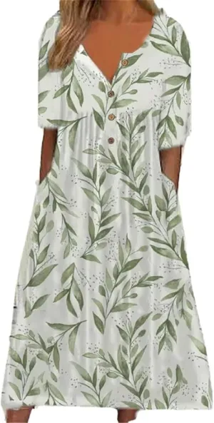 GUOYUXIAO Women's V-Neck Dress Button Pocket Short Sleeves A-Line Skirt