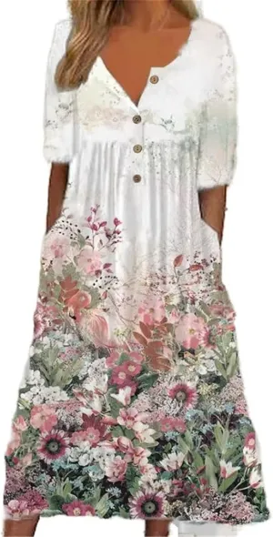GUOYUXIAO Women's V-Neck Dress Button Pocket Short Sleeves A-Line Skirt