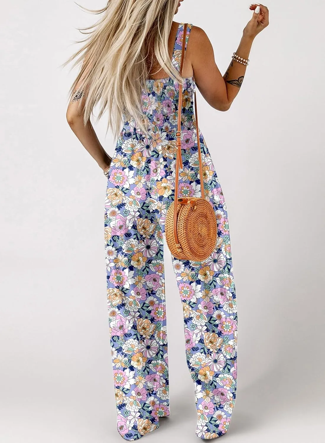 Happy Sailed Jumpsuits for Women Summer Casual Floral Print Sleeveless Jumpsuit High Waist Wide Leg Pants Romper with Pockets