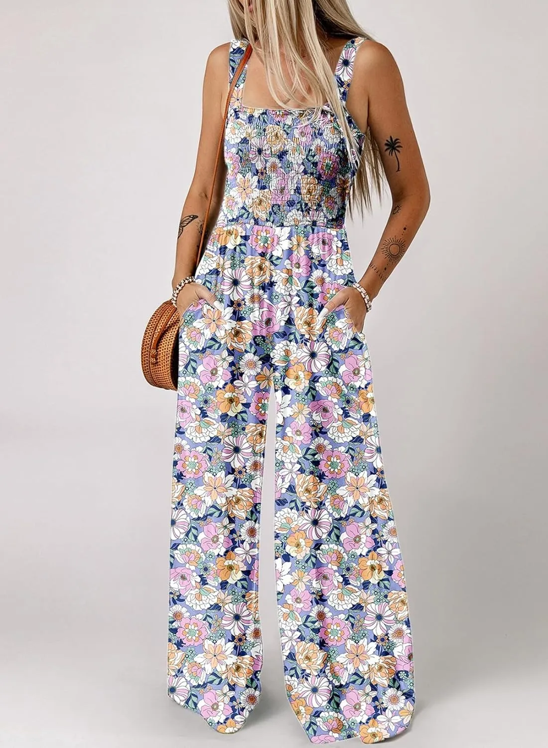 Happy Sailed Jumpsuits for Women Summer Casual Floral Print Sleeveless Jumpsuit High Waist Wide Leg Pants Romper with Pockets
