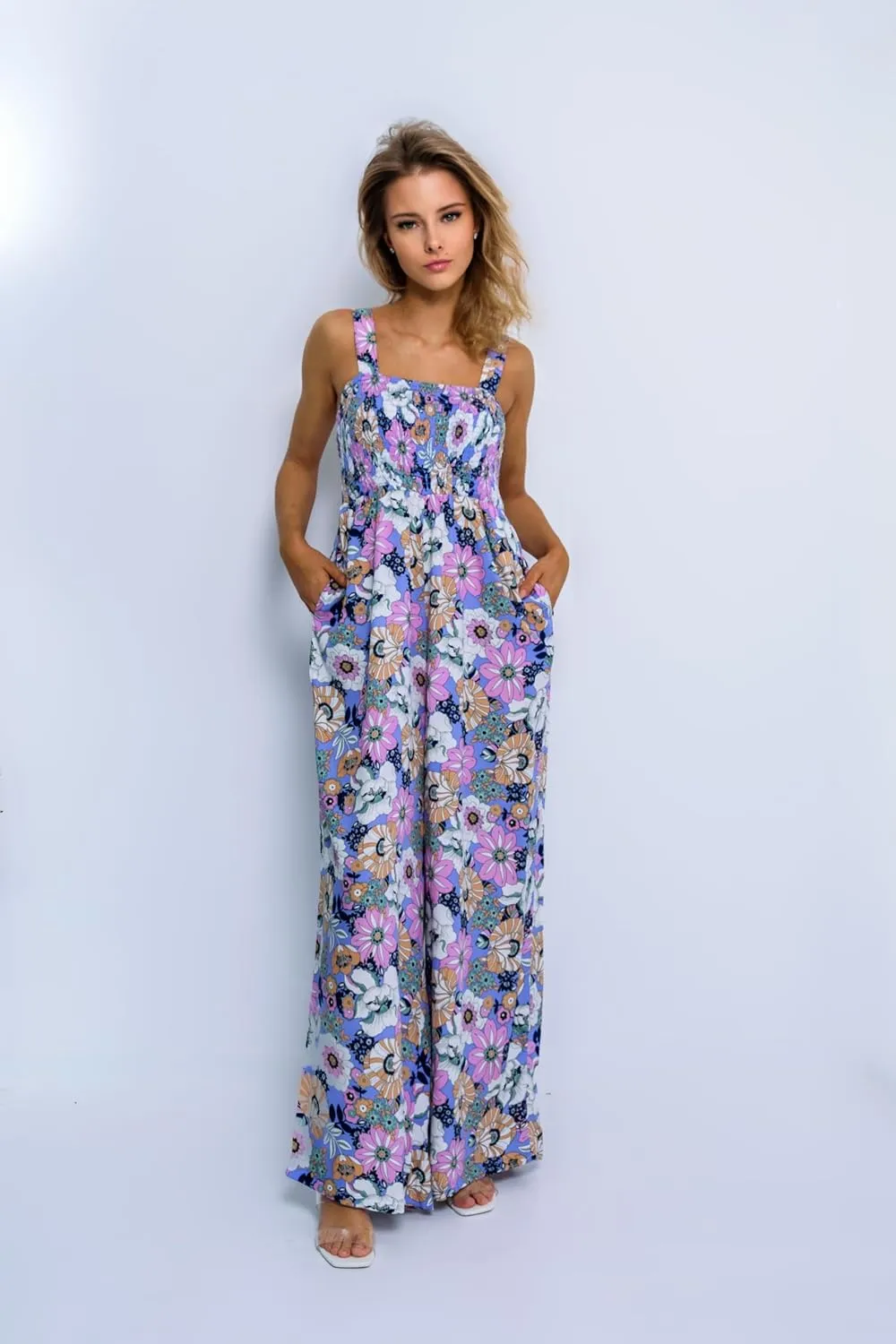 Happy Sailed Jumpsuits for Women Summer Casual Floral Print Sleeveless Jumpsuit High Waist Wide Leg Pants Romper with Pockets