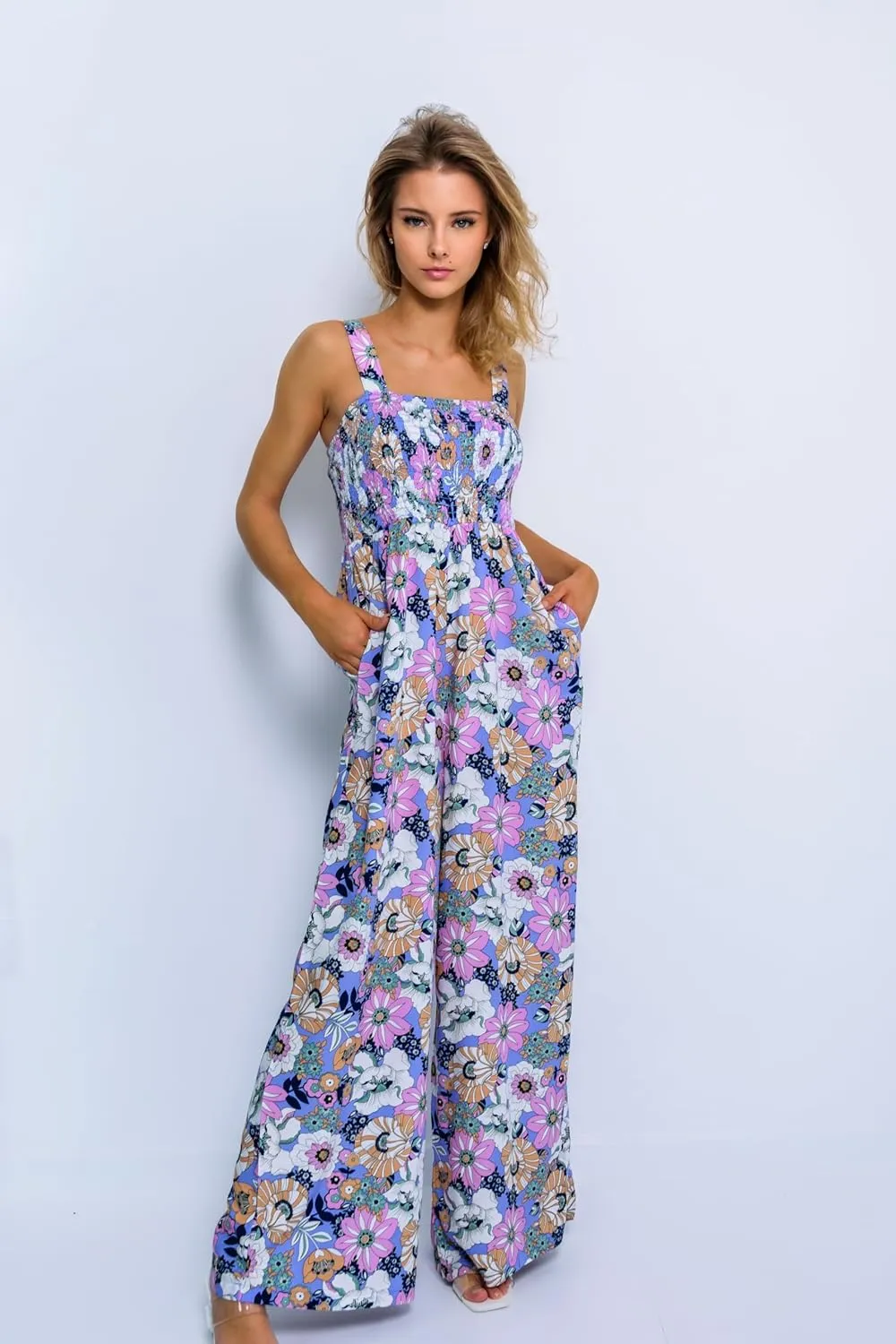 Happy Sailed Jumpsuits for Women Summer Casual Floral Print Sleeveless Jumpsuit High Waist Wide Leg Pants Romper with Pockets