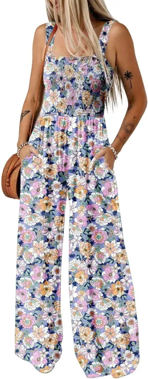 Happy Sailed Jumpsuits for Women Summer Casual Floral Print Sleeveless Jumpsuit High Waist Wide Leg Pants Romper with Pockets
