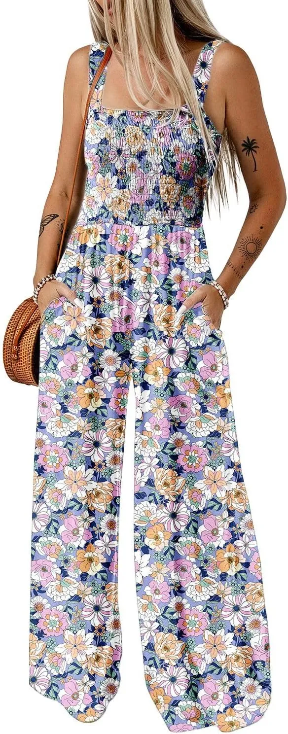 Happy Sailed Jumpsuits for Women Summer Casual Floral Print Sleeveless Jumpsuit High Waist Wide Leg Pants Romper with Pockets