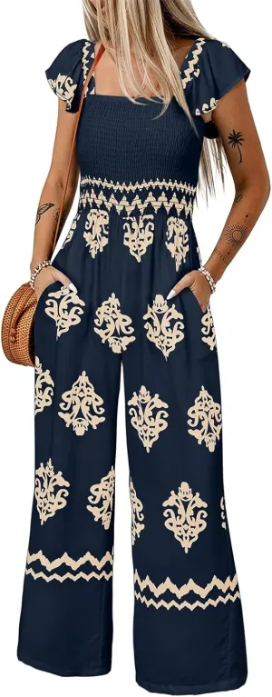 Happy Sailed Womens Summer Jumpsuits Printed Square Neck High Waisted Pockets Wide Leg Rompers Beach Fashion Vacation Outfits