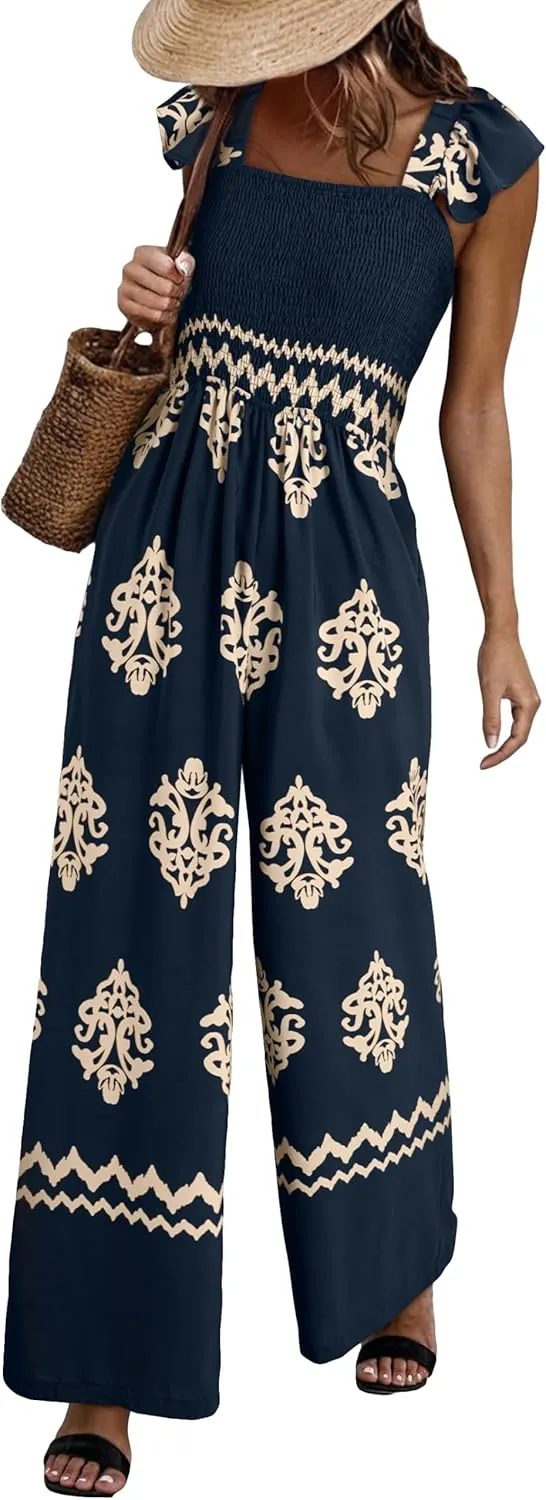Happy Sailed Womens Summer Jumpsuits Printed Square Neck High Waisted Pockets Wide Leg Rompers Beach Fashion Vacation Outfits