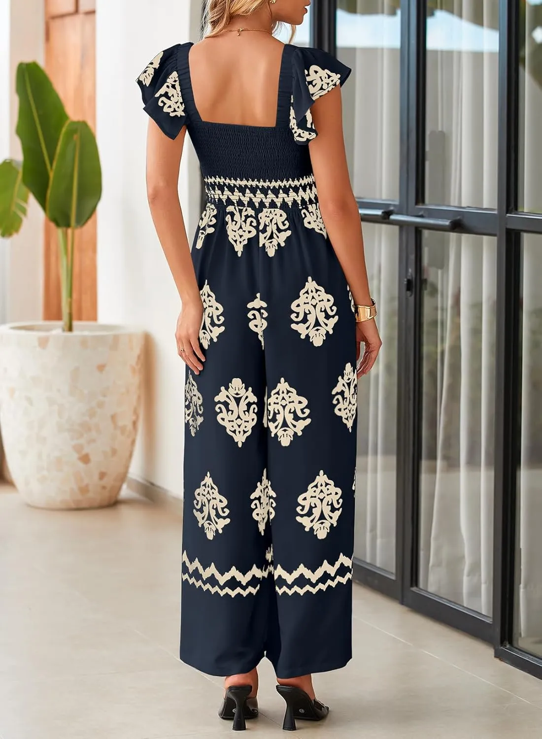 Happy Sailed Womens Summer Jumpsuits Printed Square Neck High Waisted Pockets Wide Leg Rompers Beach Fashion Vacation Outfits