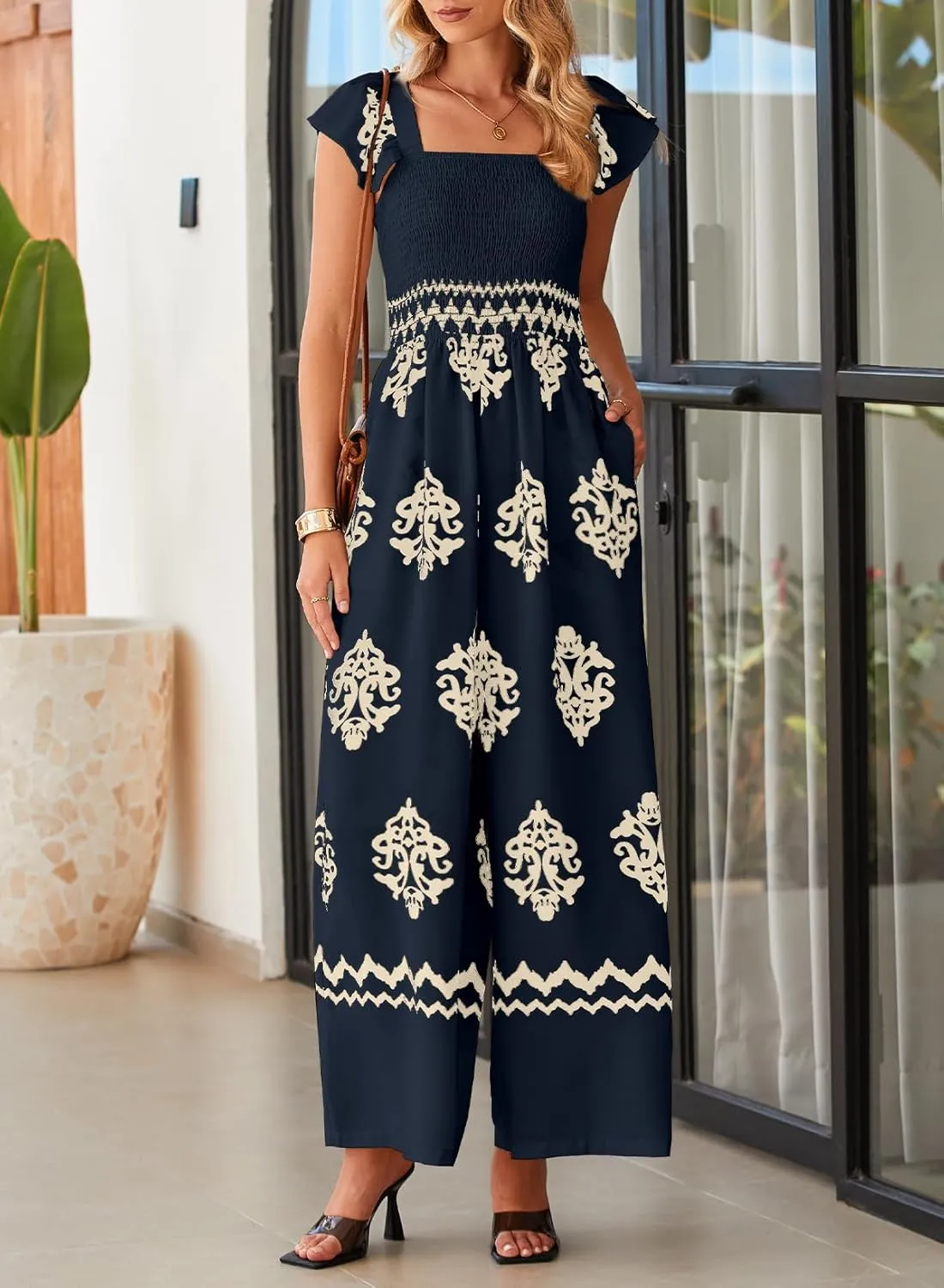 Happy Sailed Womens Summer Jumpsuits Printed Square Neck High Waisted Pockets Wide Leg Rompers Beach Fashion Vacation Outfits