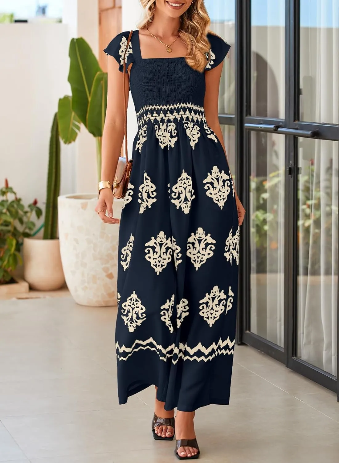 Happy Sailed Womens Summer Jumpsuits Printed Square Neck High Waisted Pockets Wide Leg Rompers Beach Fashion Vacation Outfits