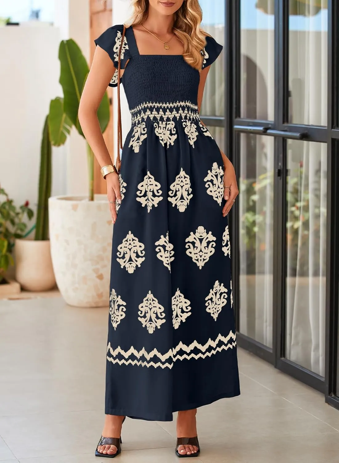 Happy Sailed Womens Summer Jumpsuits Printed Square Neck High Waisted Pockets Wide Leg Rompers Beach Fashion Vacation Outfits