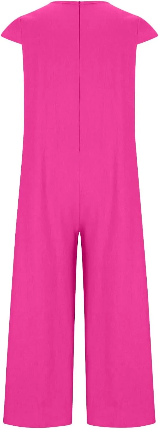 HGps8w 2025 Summer Womens Plus Size Loose Cotton Linen Jumpsuit Cap Sleeve Casual Solid Baggy Rompers Wide Leg Long Pants