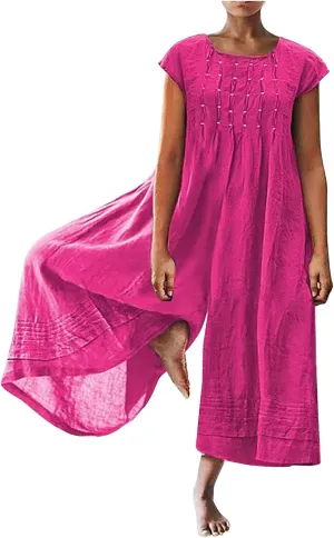 HGps8w 2025 Summer Womens Plus Size Loose Cotton Linen Jumpsuit Cap Sleeve Casual Solid Baggy Rompers Wide Leg Long Pants